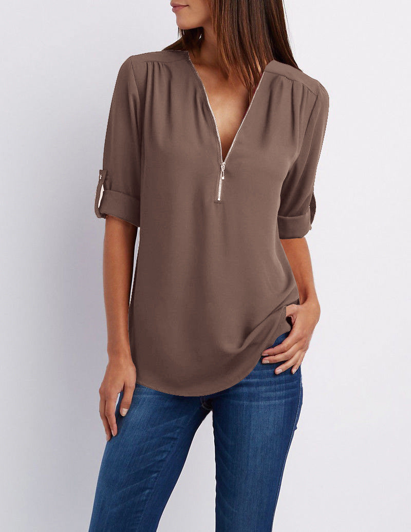 Women's Long Sleeve Rollable Sleeves Loose Chiffon Blouses