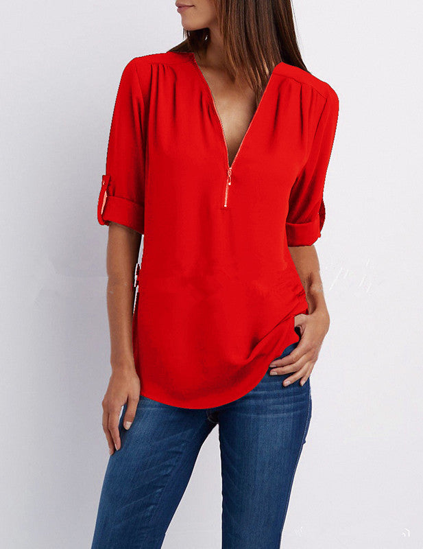 Women's Long Sleeve Rollable Sleeves Loose Chiffon Blouses