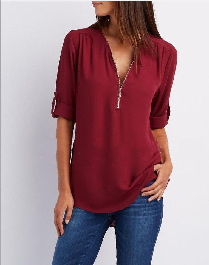 Women's Long Sleeve Rollable Sleeves Loose Chiffon Blouses