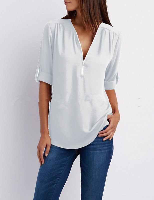 Women's Long Sleeve Rollable Sleeves Loose Chiffon Blouses