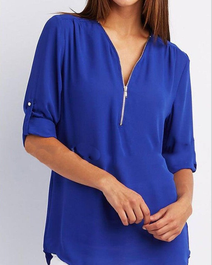 Women's Long Sleeve Rollable Sleeves Loose Chiffon Blouses