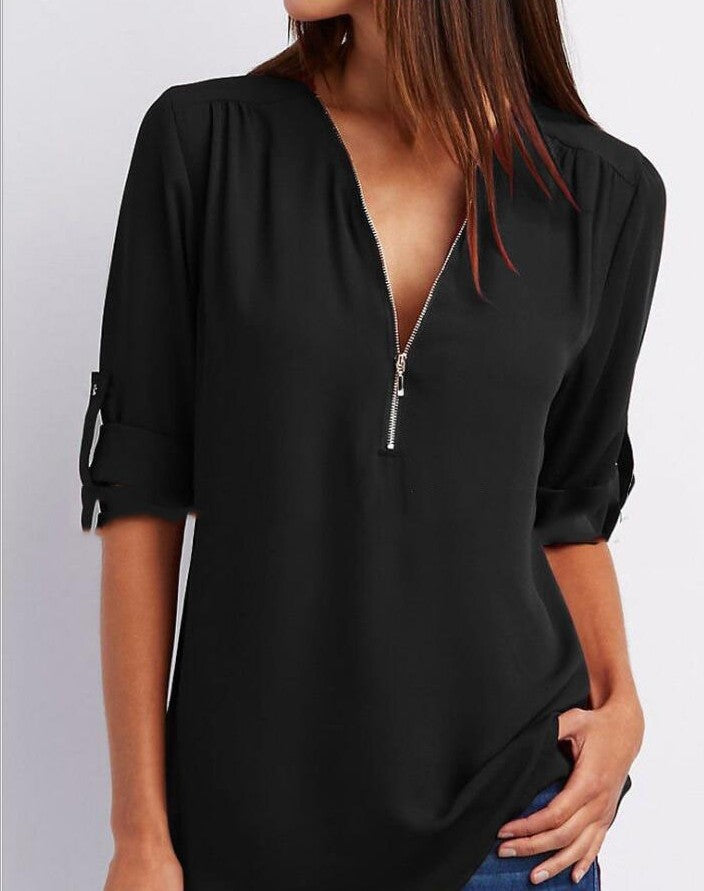 Women's Long Sleeve Rollable Sleeves Loose Chiffon Blouses