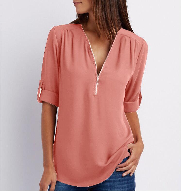 Women's Long Sleeve Rollable Sleeves Loose Chiffon Blouses