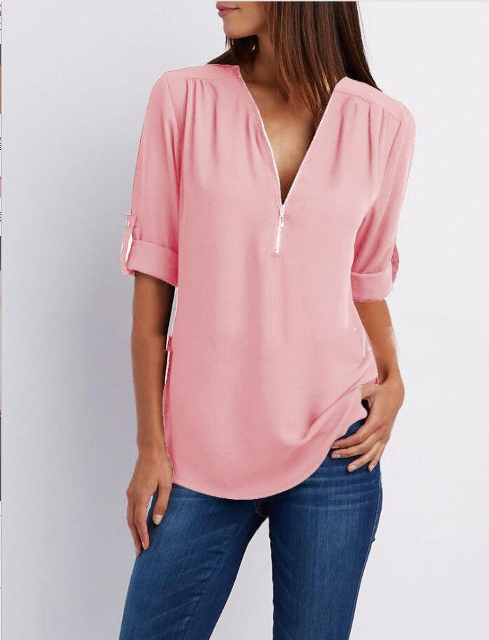 Women's Long Sleeve Rollable Sleeves Loose Chiffon Blouses