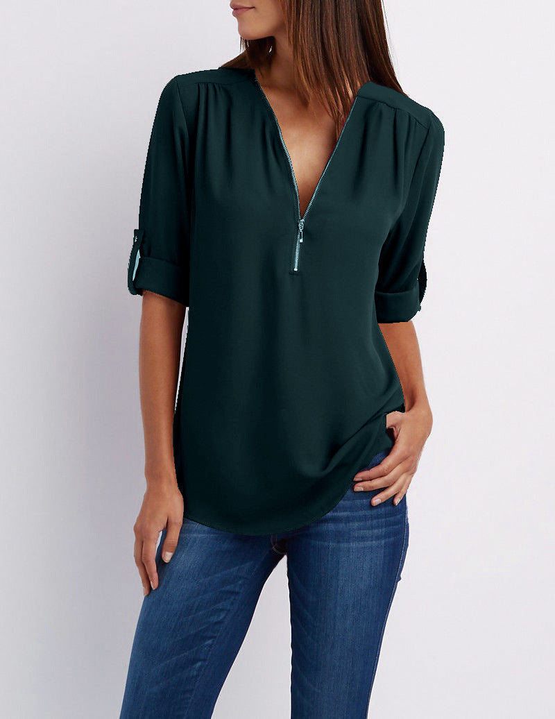 Women's Long Sleeve Rollable Sleeves Loose Chiffon Blouses