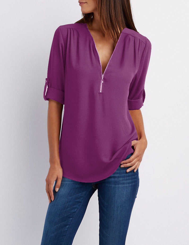 Women's Long Sleeve Rollable Sleeves Loose Chiffon Blouses