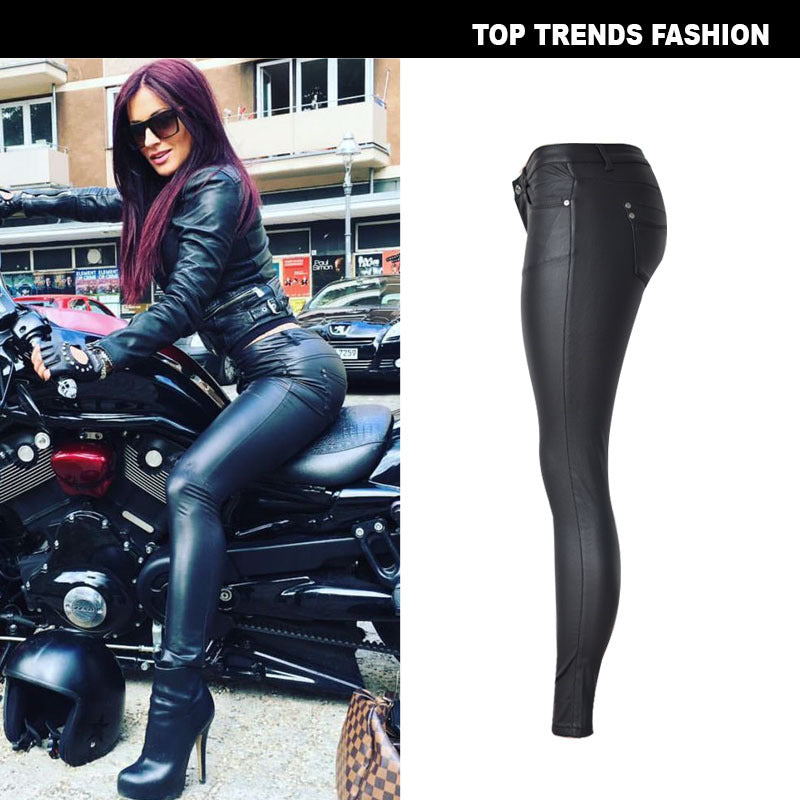 Women's Coated Faux Leather Denim Skinny Foreign Jeans