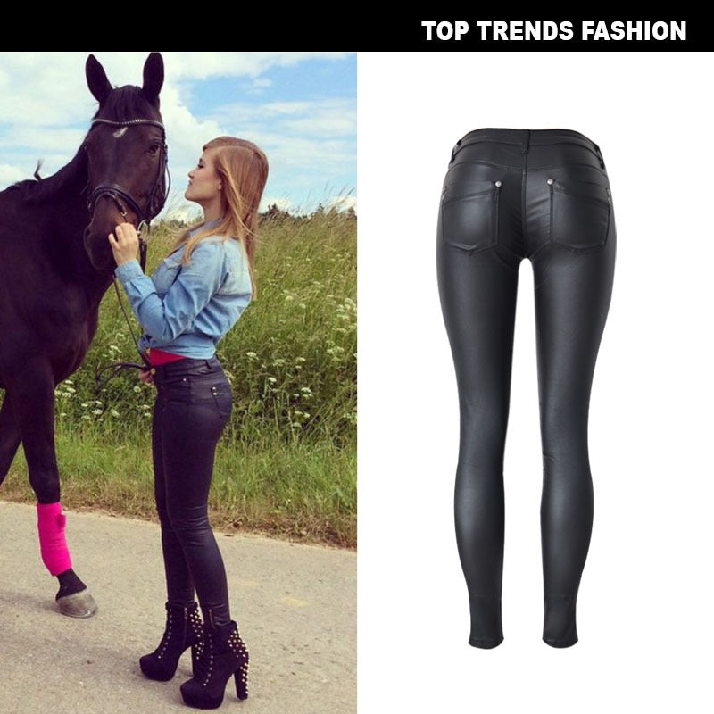 Women's Coated Faux Leather Denim Skinny Foreign Jeans