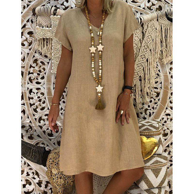 Women's Autumn Summer Solid Color Cotton Linen Dresses
