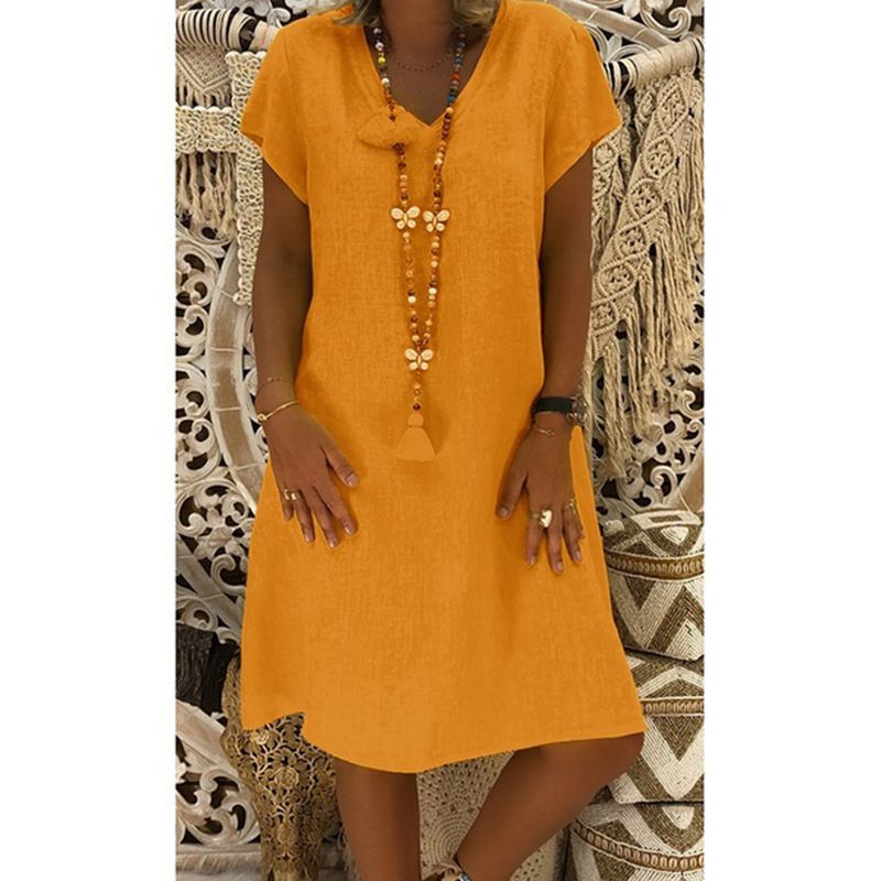 Women's Autumn Summer Solid Color Cotton Linen Dresses