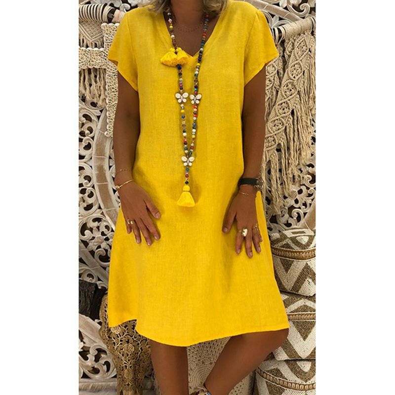 Women's Autumn Summer Solid Color Cotton Linen Dresses
