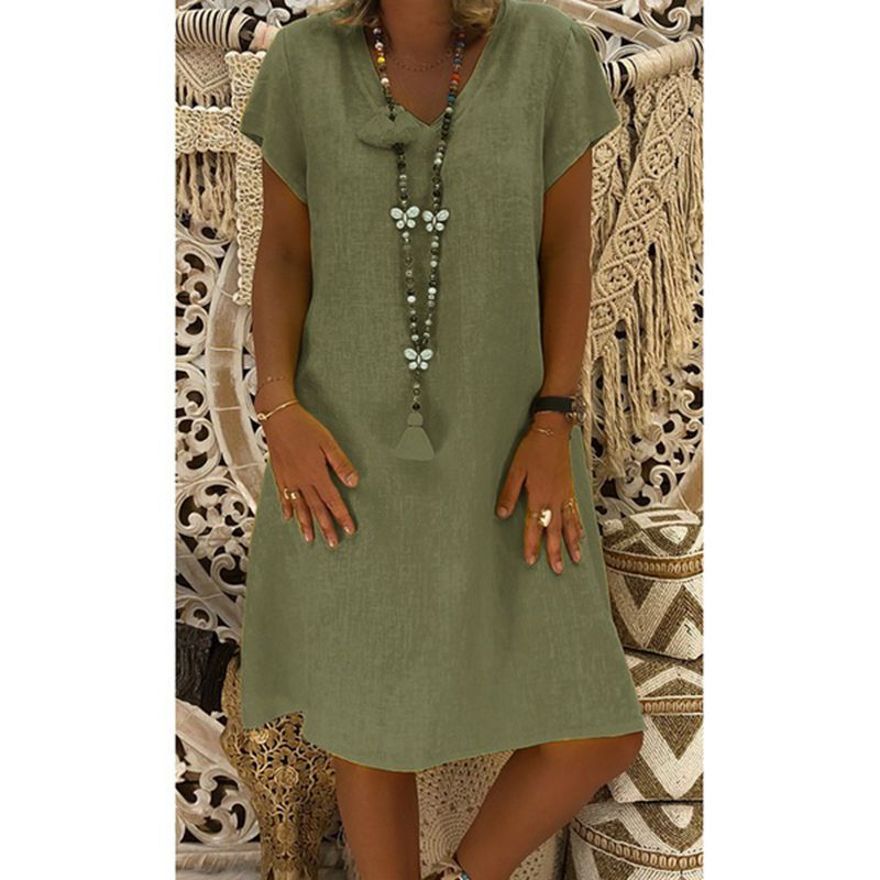 Women's Autumn Summer Solid Color Cotton Linen Dresses