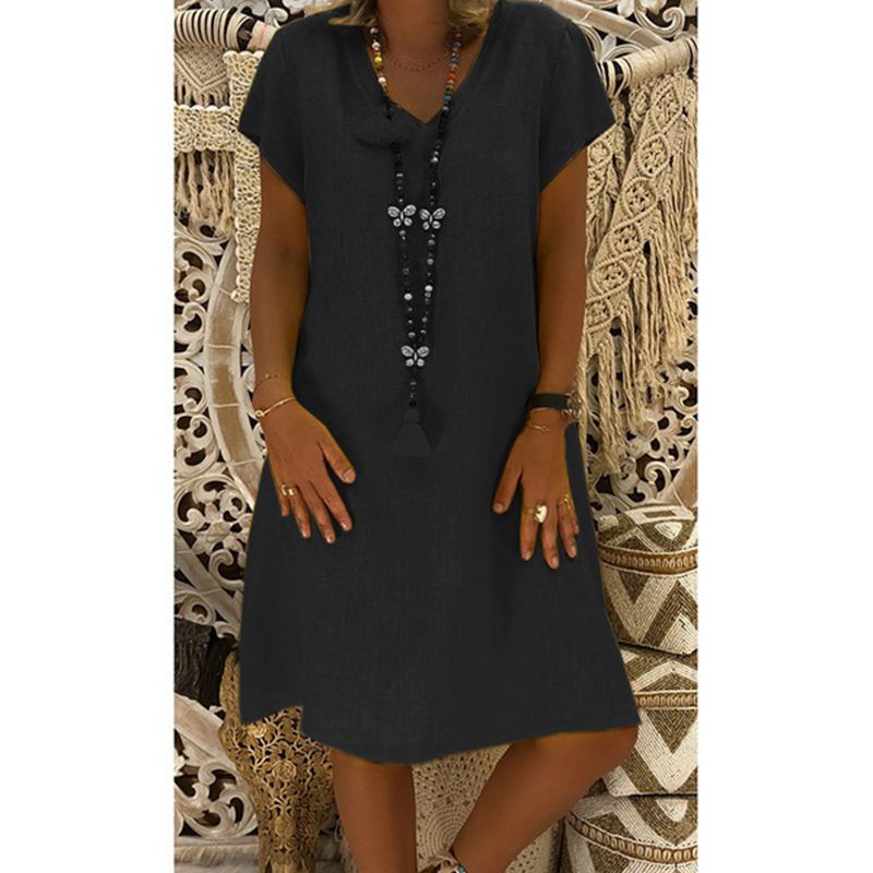 Women's Autumn Summer Solid Color Cotton Linen Dresses