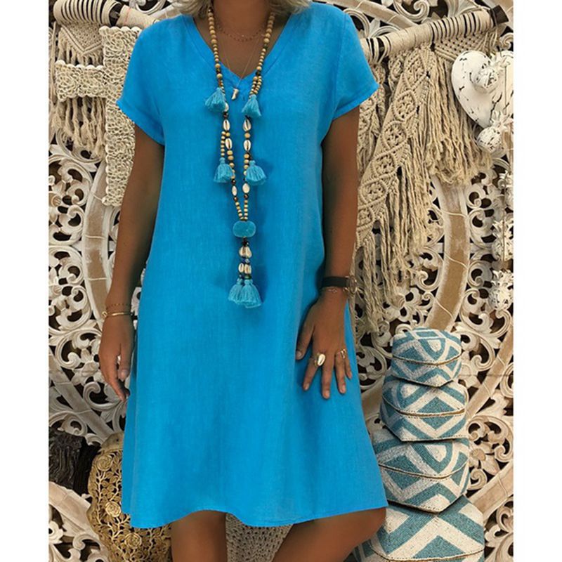 Women's Autumn Summer Solid Color Cotton Linen Dresses