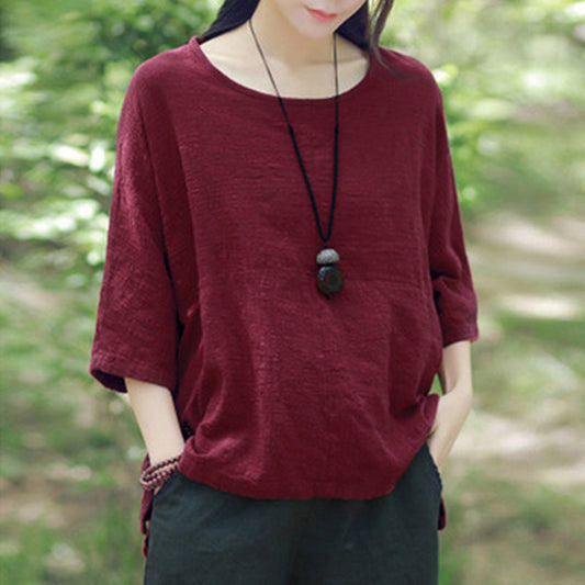 Women's Batwing Sleeve Solid Color Cotton Linen Blouses