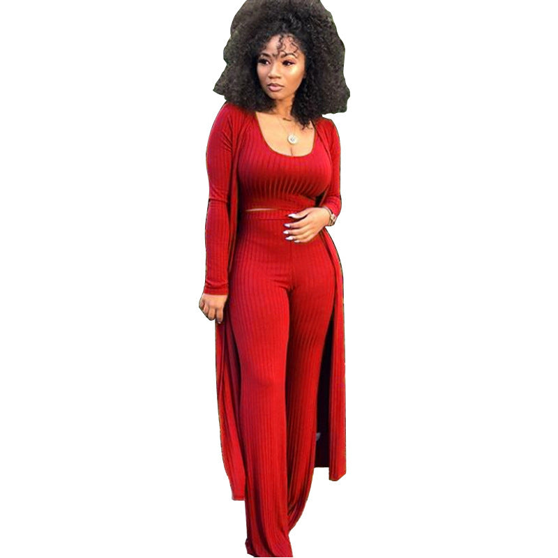 Women's High Elastic Sunken Stripe Three-piece Tight Suits