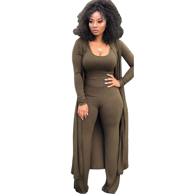 Women's High Elastic Sunken Stripe Three-piece Tight Suits