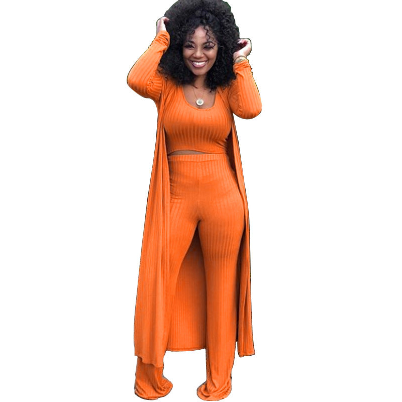 Women's High Elastic Sunken Stripe Three-piece Tight Suits