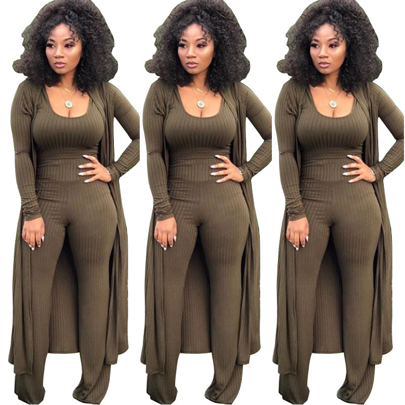 Women's High Elastic Sunken Stripe Three-piece Tight Suits