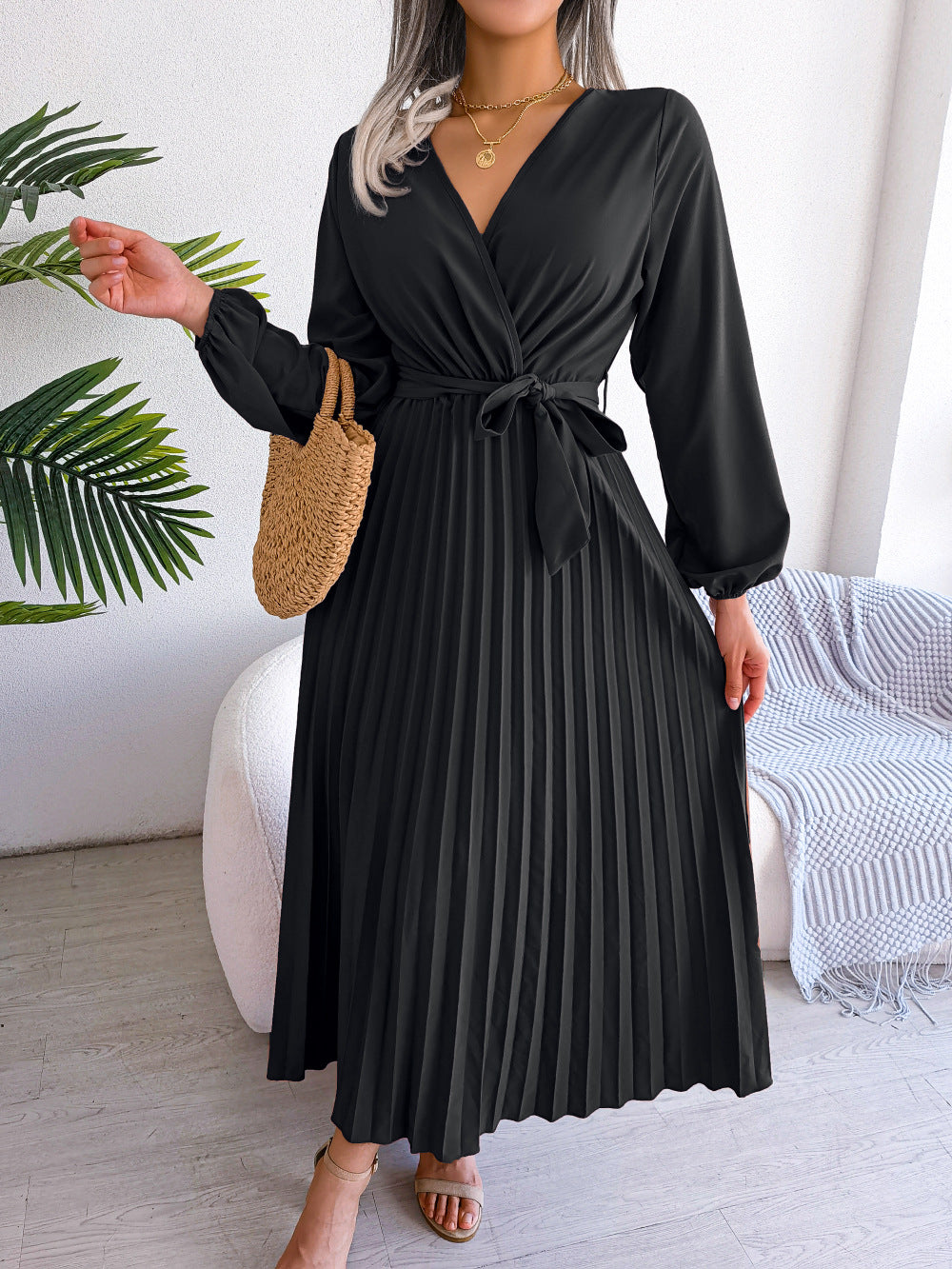 Women's Elegant Cross Swing Pleated Maxi Dress