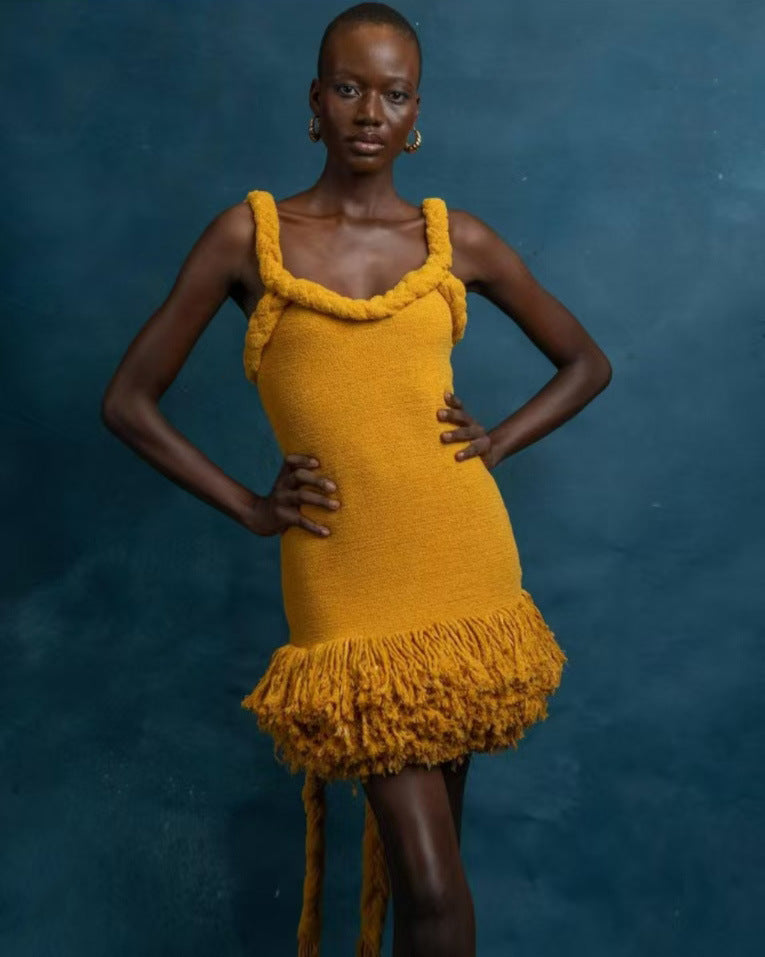 Twine Rope Shoulder Strap Tassel Dress Shorts