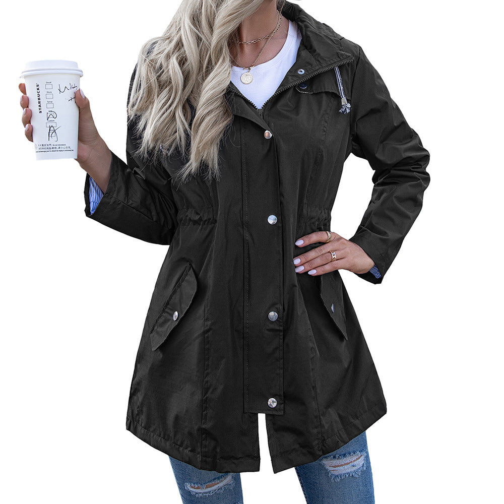 Women's Hooded Zipper Raincoat Winter Mid-length Coats