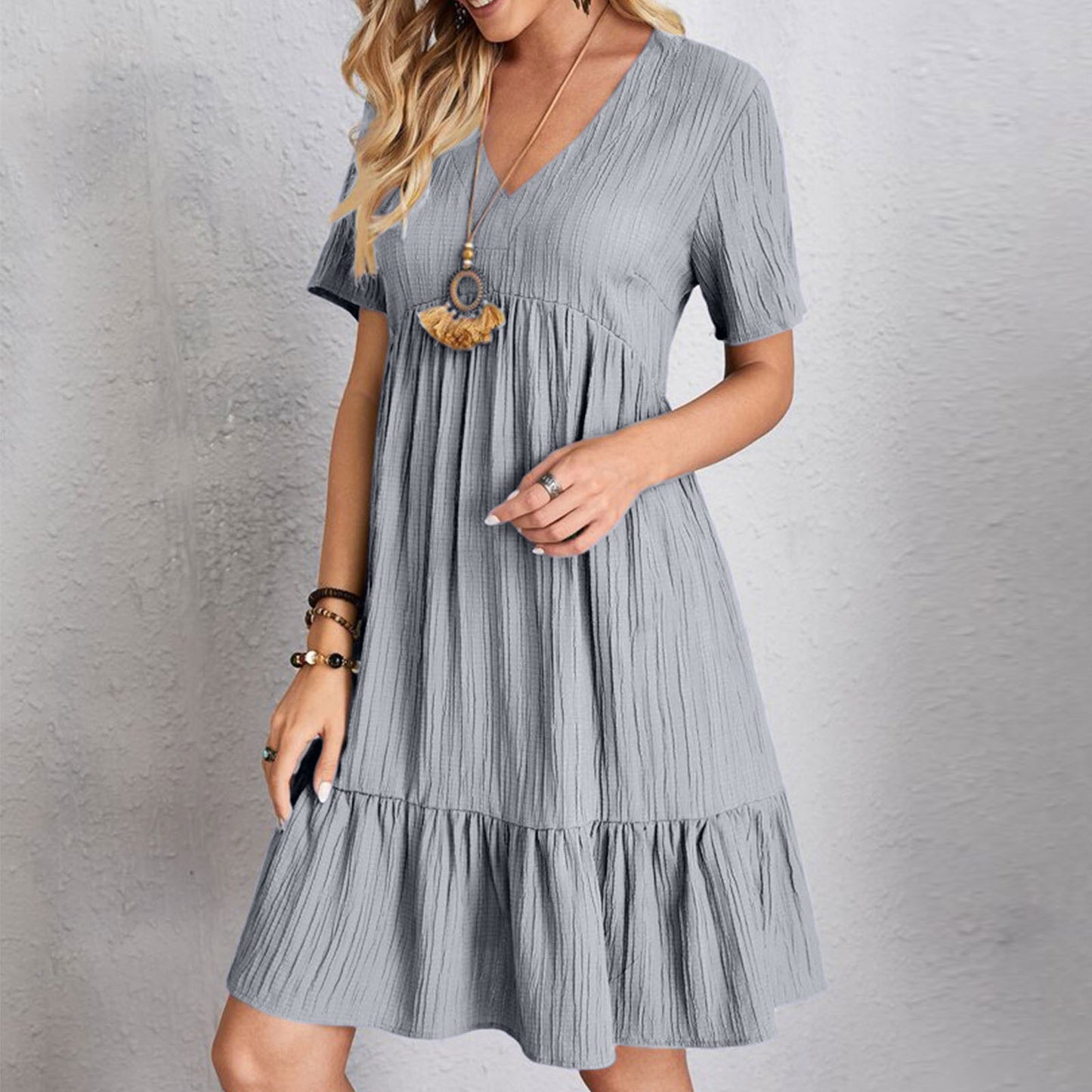 Women's Loose Solid Color Pleated Casual Lace Dress
