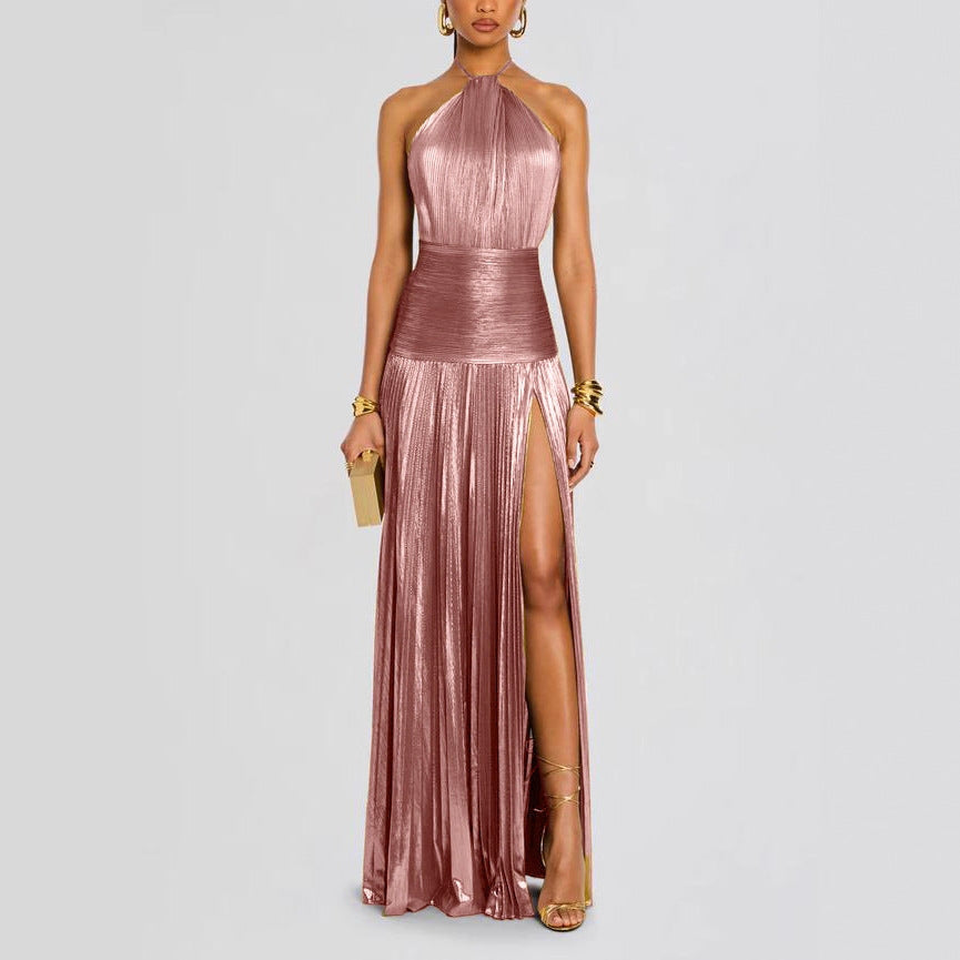 Women's Sleeveless Backless Metallic Pleated Split Halter Dresses