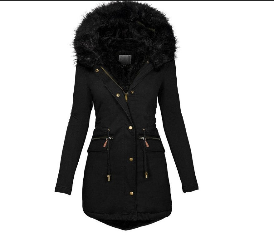 Women's Solid Color Fur Collar Hood Mid-length Coats