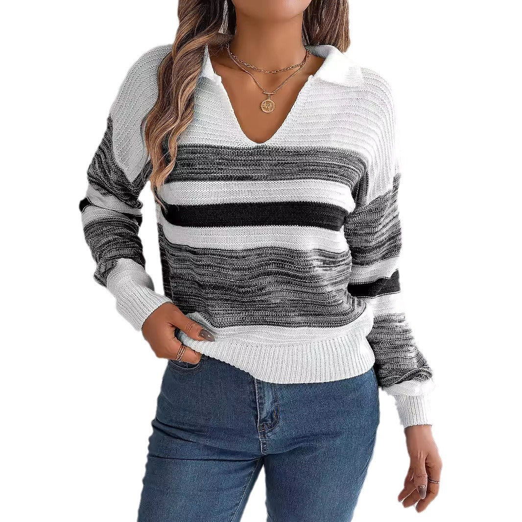 Women's Clearance Casual Lapel Contrast Color Striped Long Sleeve Sweater