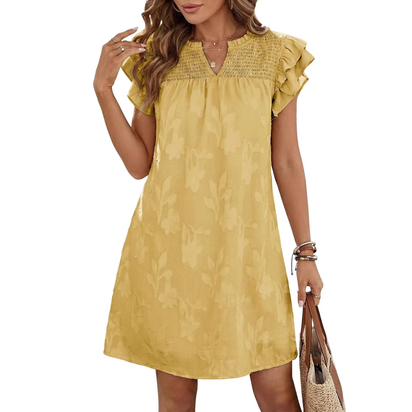 Women's Summer Double Ruffled Sleeves Pleating Floral Dress