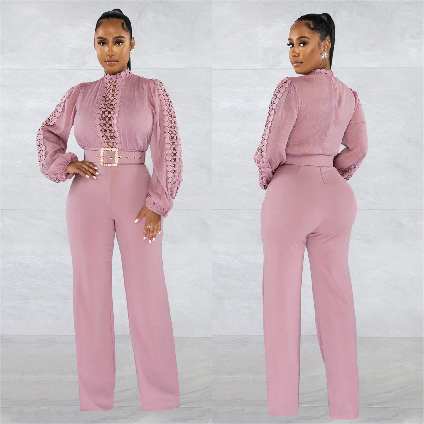 Women's Wear Belt Lace Cutout Solid Color Suits