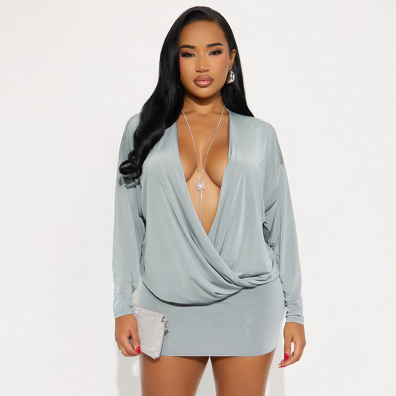 Women's Fashion Solid Color Sexy Deep V Long-sleeved Waist Sheath Dress