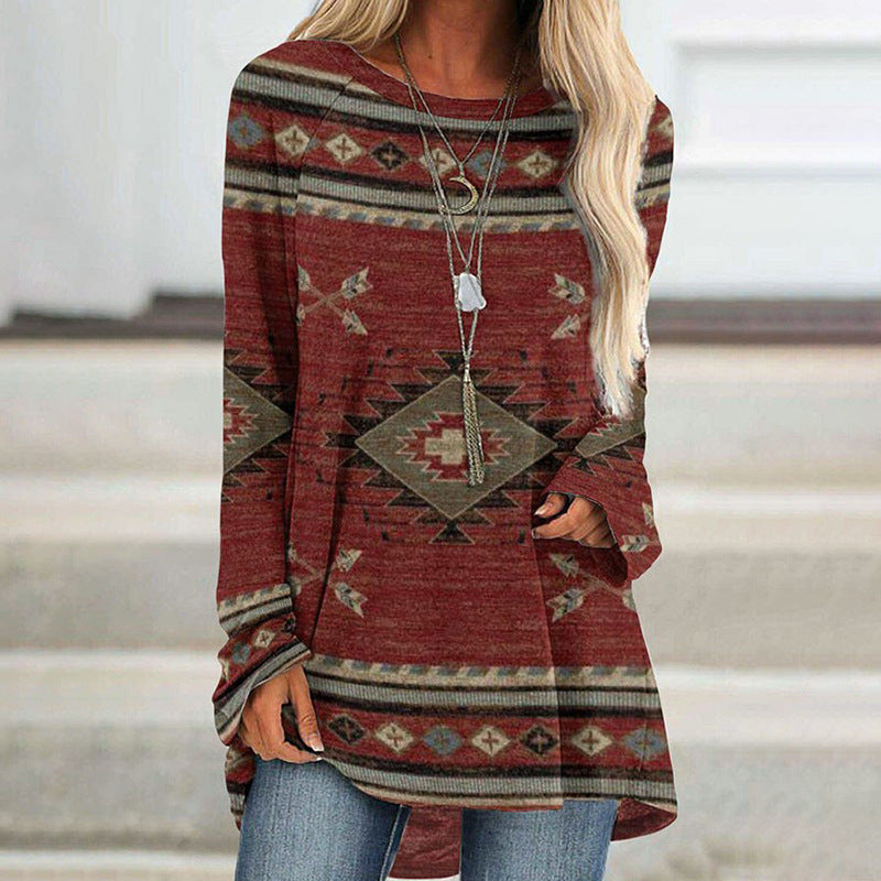Women's Digital Printing Round Neck Long Sleeve Blouses