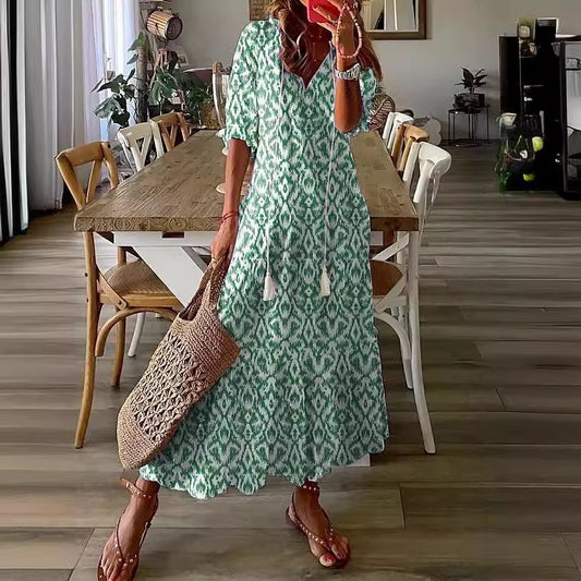 Women's Casual Sweet Loose Printed Tassel Long Dresses