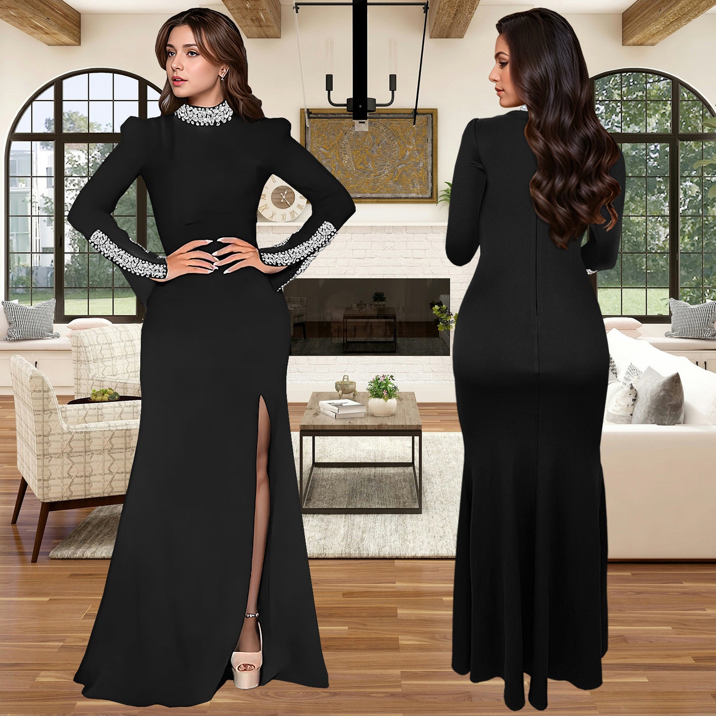 Women's Wear Solid Color Long Sleeve Rhinestone Dresses
