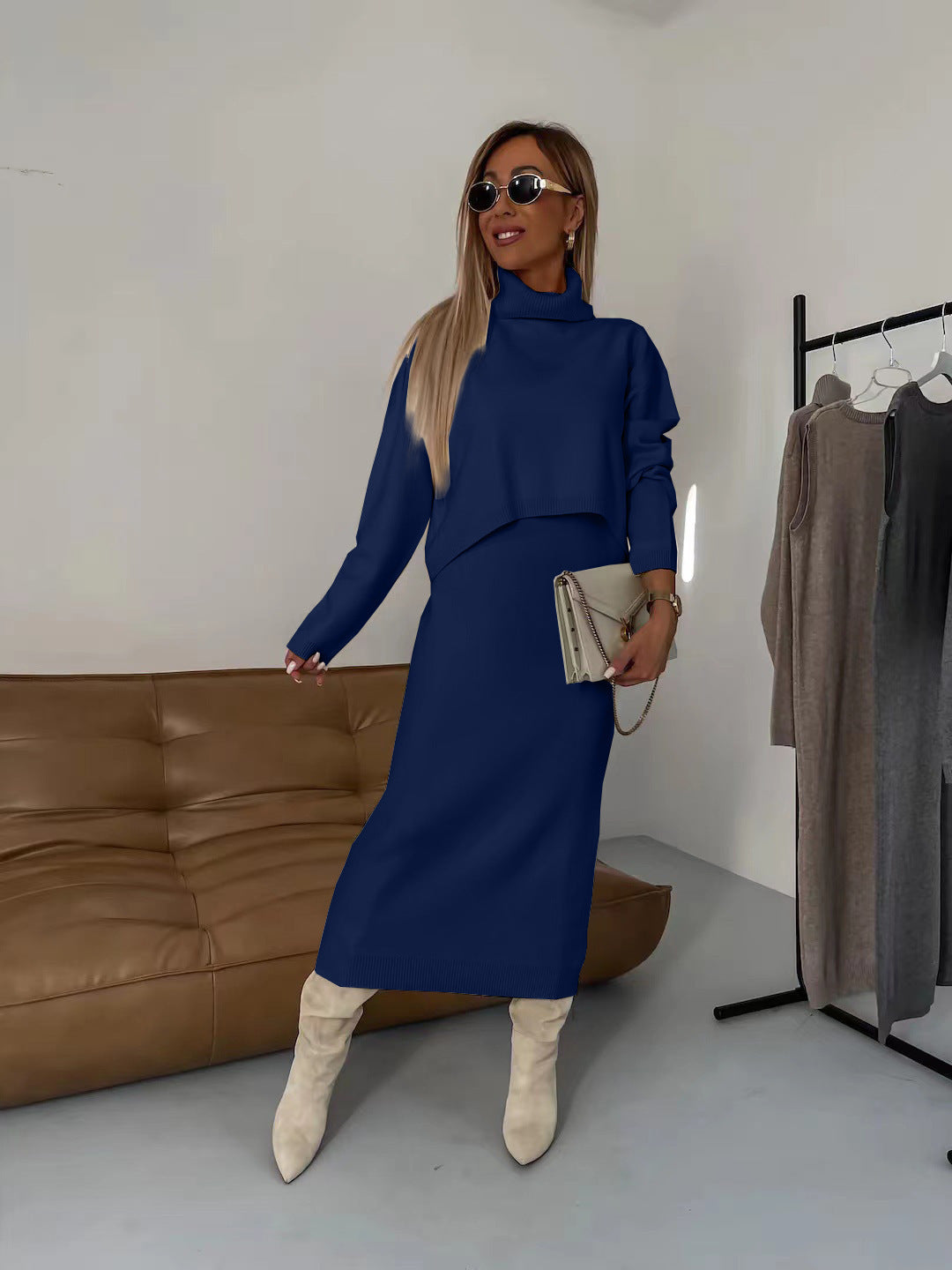 Dress Turtleneck Long Two-piece Solid Color Dresses