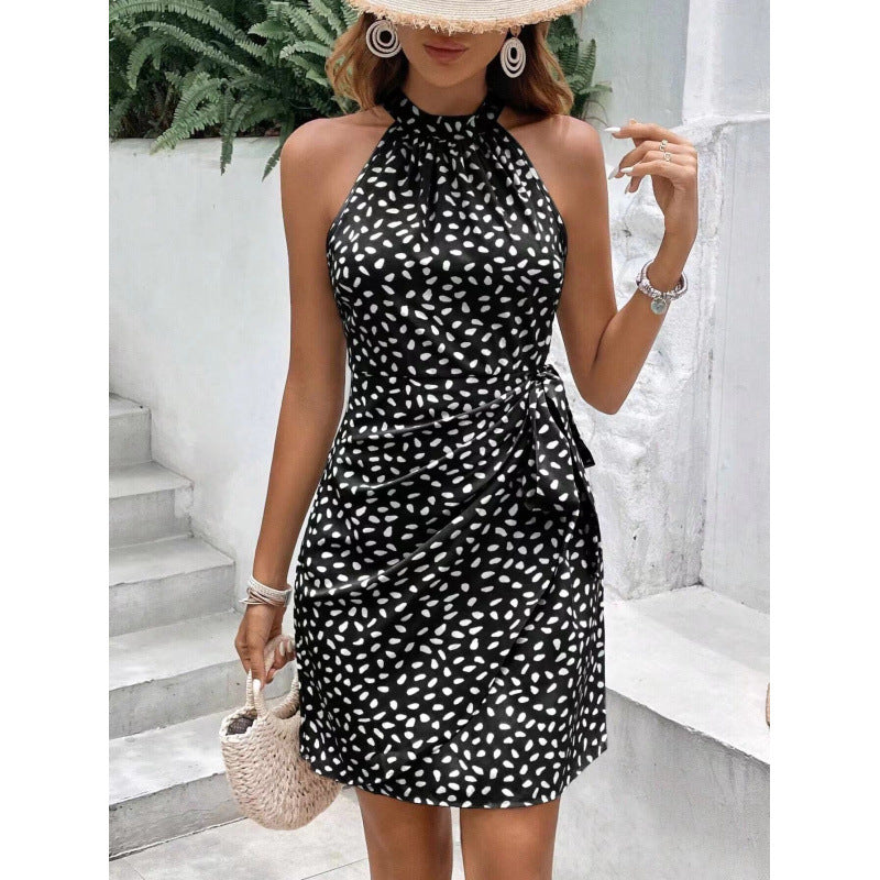 Women's Summer Fashion Halter Zipper Sleeveless Floral Dress