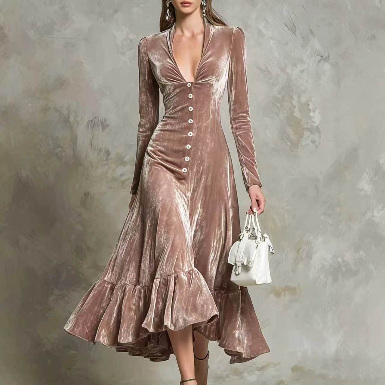 Solid Color Buttons Lapel Long Sleeve Waist Dress