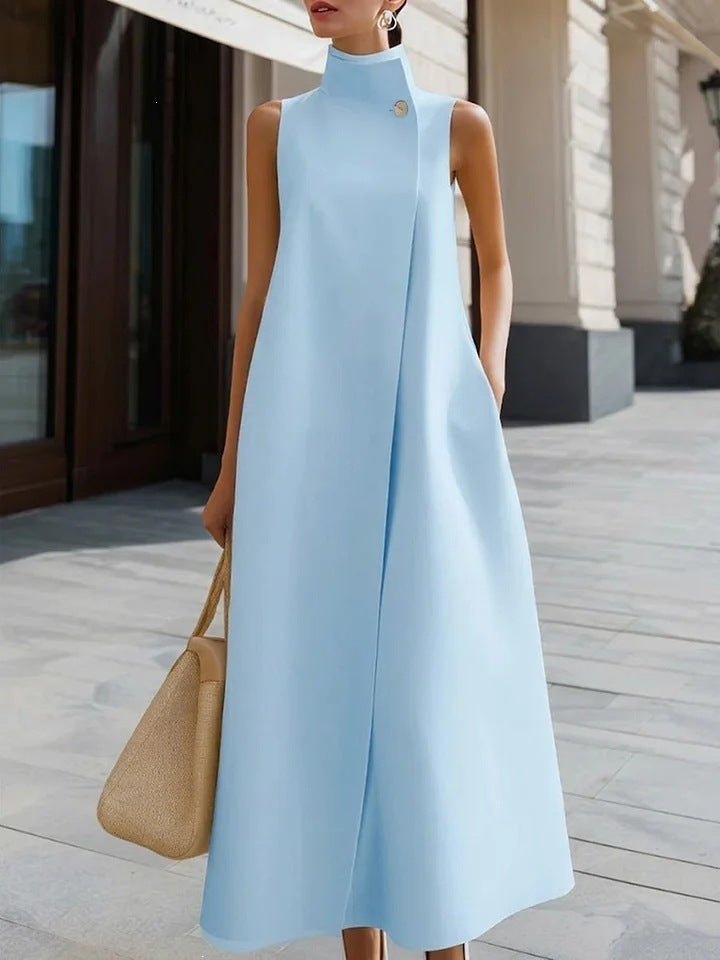 Elegant Commuter Stand Collar One Button Solid Color Dress
