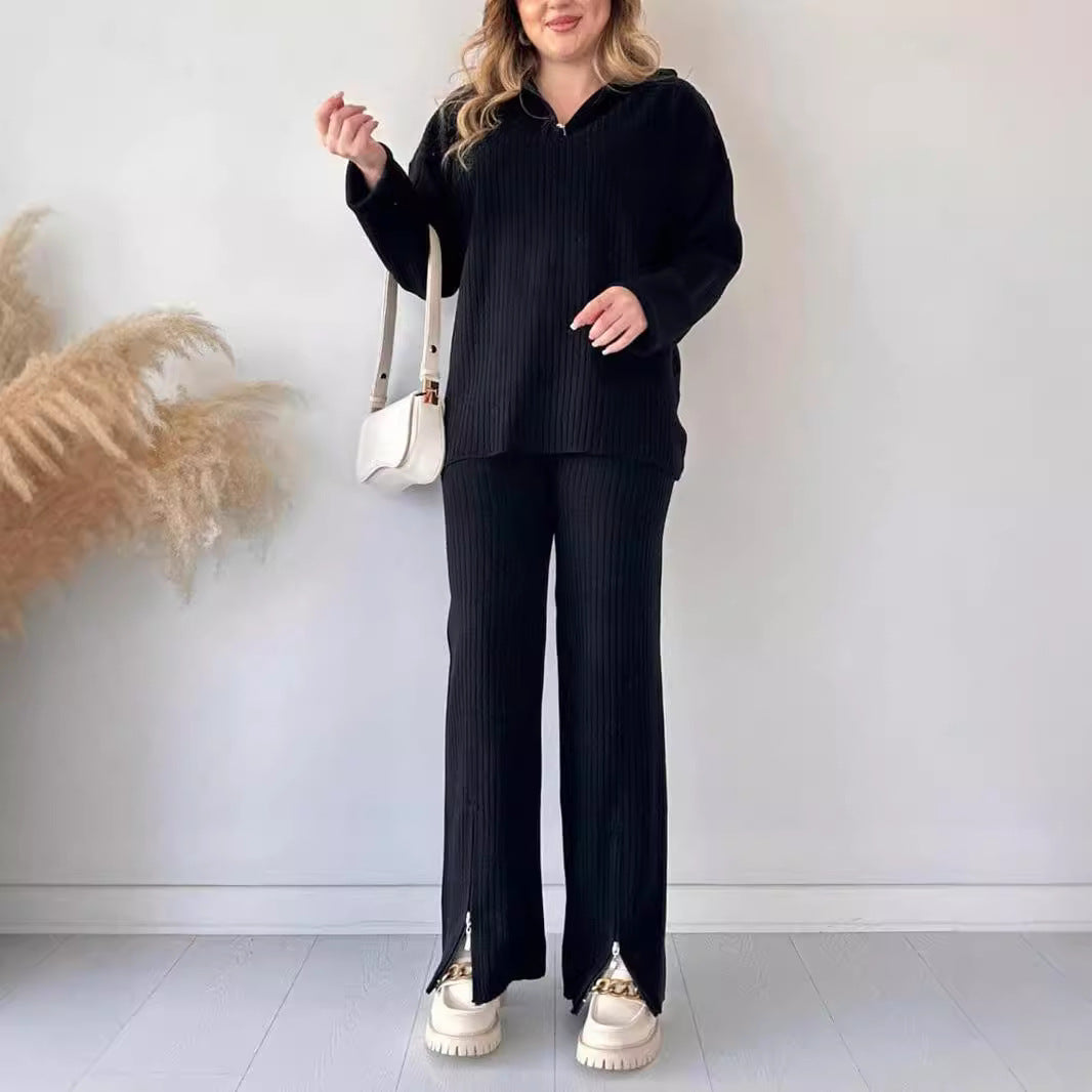 Women's Zipper Knitting High Neck Ribbing Home Suits