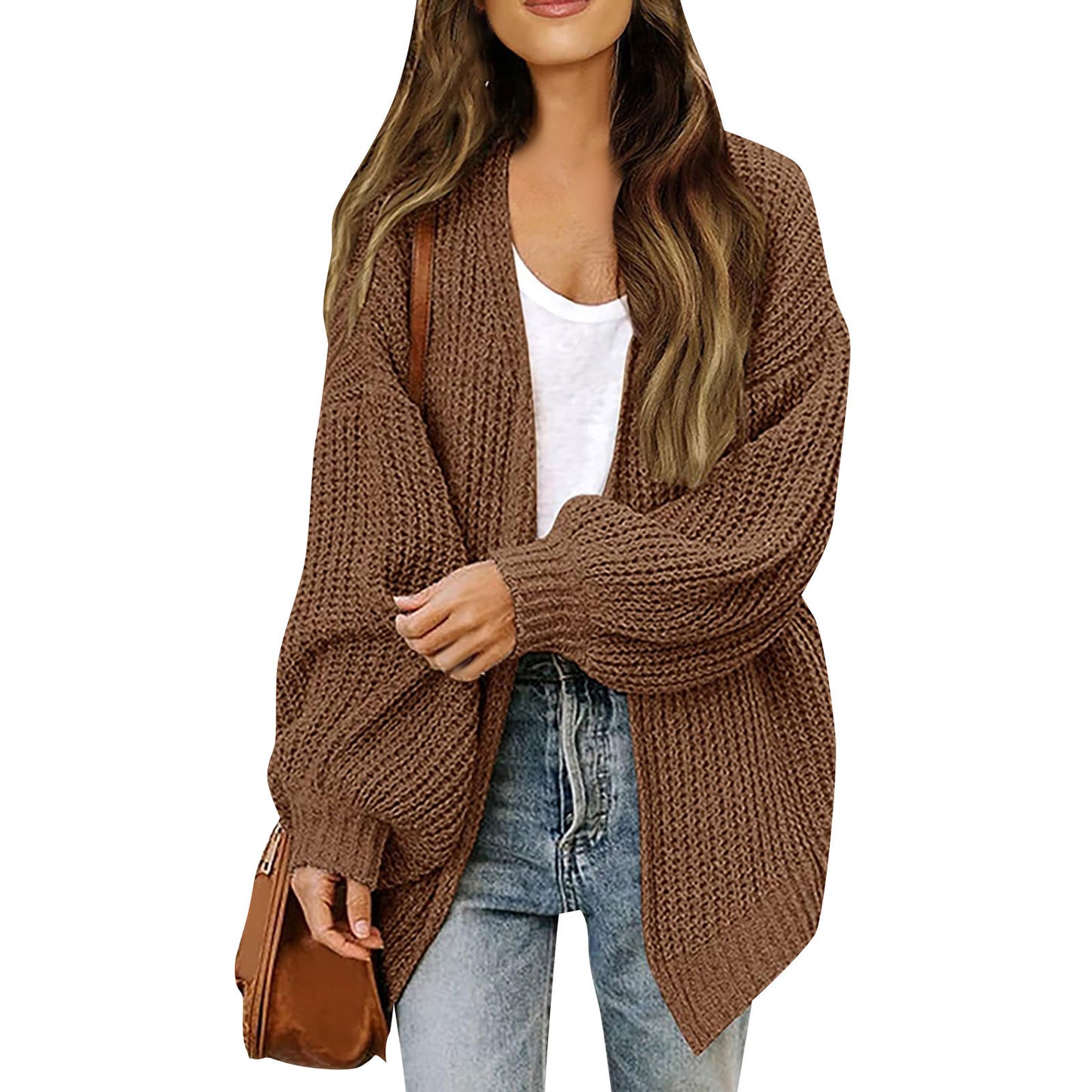 Women's Lantern Sleeve Coarse Yarn Pocket Knitted Sweater