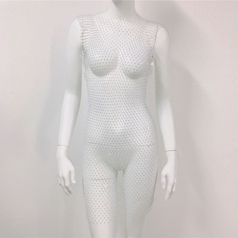 Women's Summer Fashion Diamond Round Neck Long Sleeve Fishnet Dresses