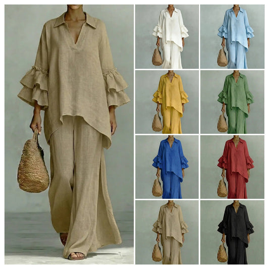 Women's Solid Color Shirt Collar Loose Trousers Fashion Casual Suit