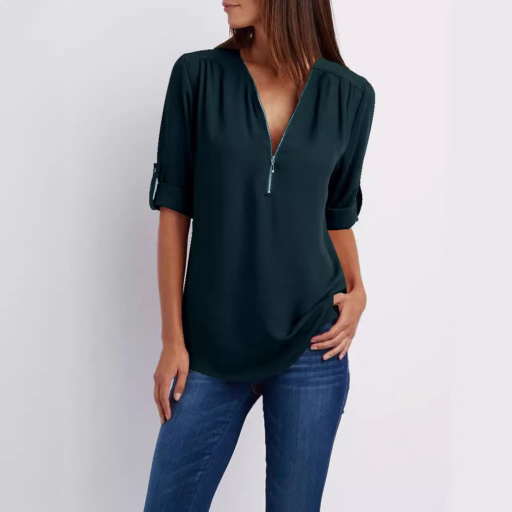 Women's Long Sleeve Rollable Sleeves Loose Chiffon Blouses