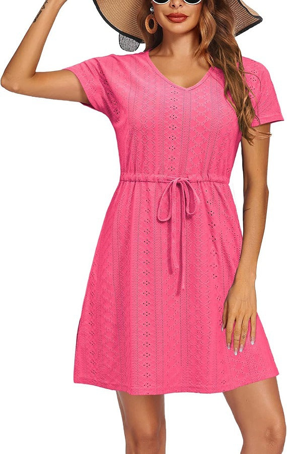 Classic Women's Summer Cinched Short-sleeved Beach Dress