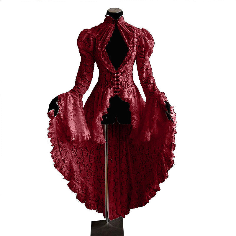 Vintage Lace Medieval Court Party Stitching Swallowtail Bell Sleeve Stand Clothing