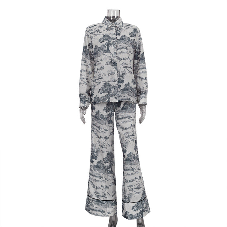 Women's Ink Painting Printing Lapel Shirt High Waist Suits