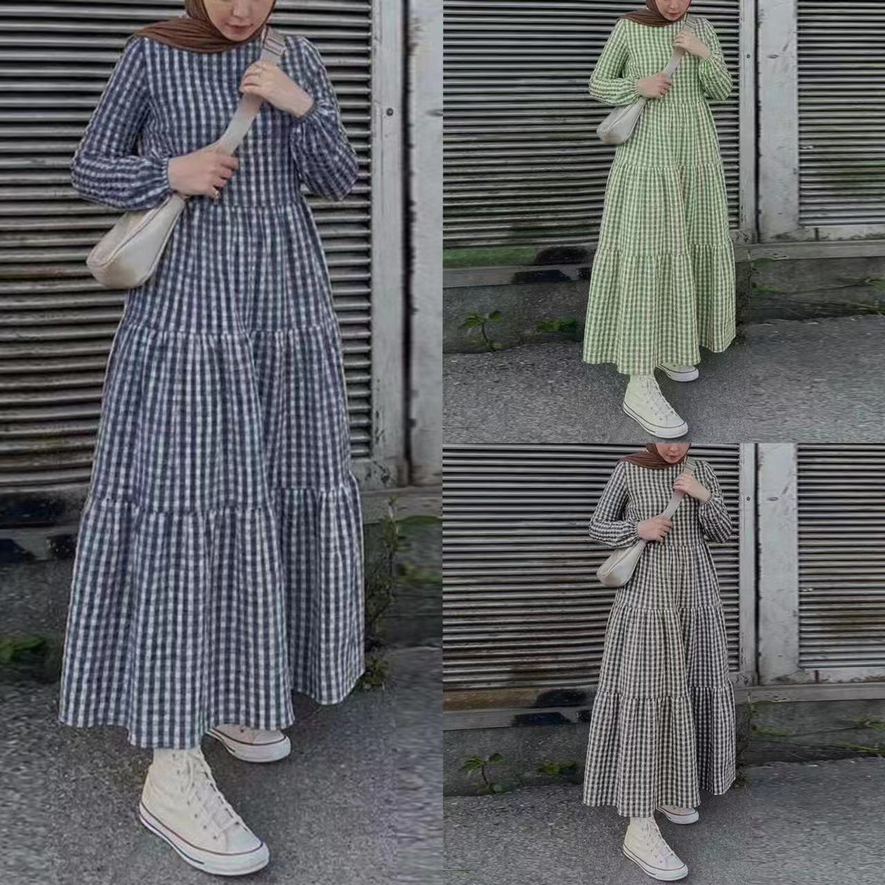 Sleeve Elastic Round Neck Loose Waist Casual Dress