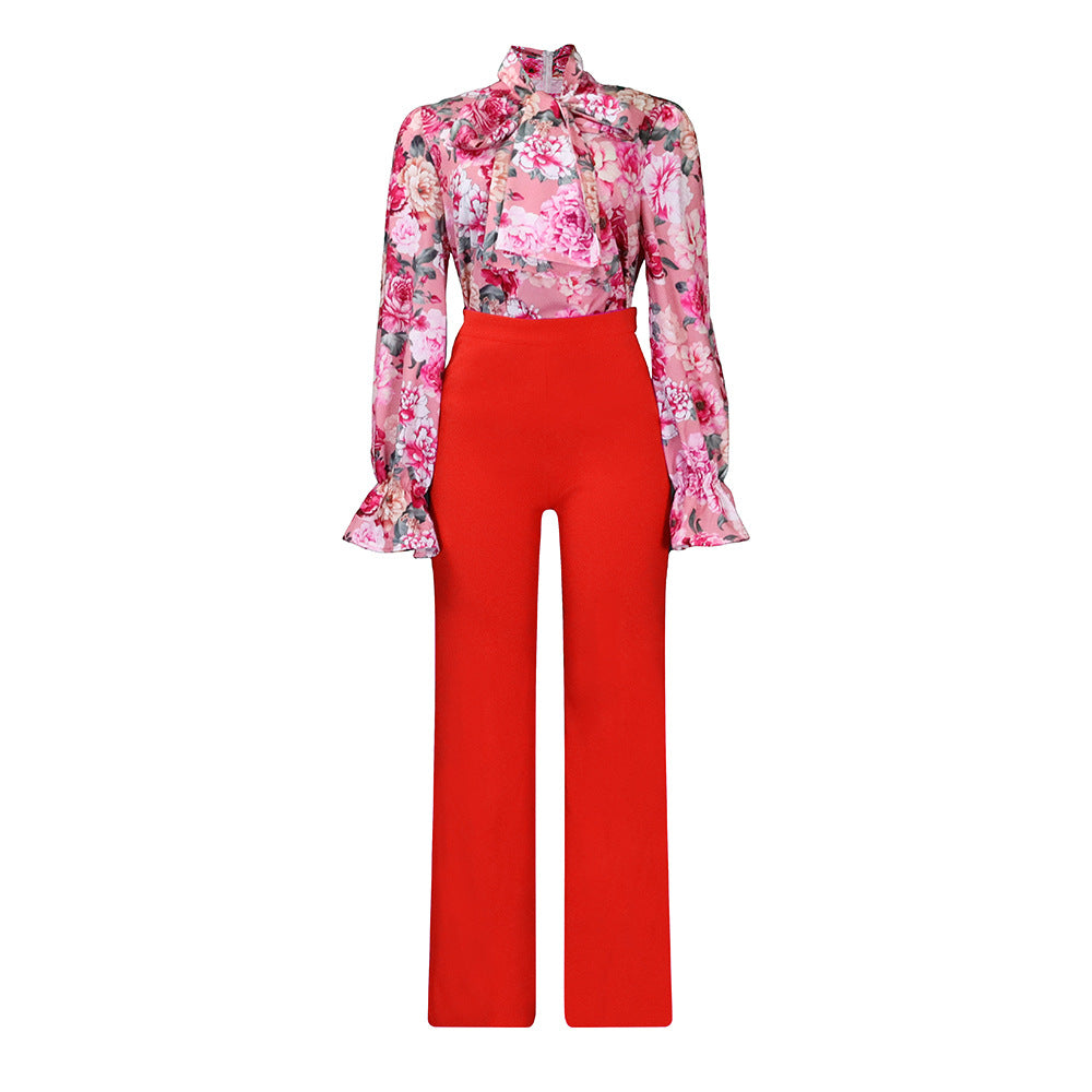 Women's Loose Large Printed Long-sleeved Shirt Two-piece Fashion Casual Suit